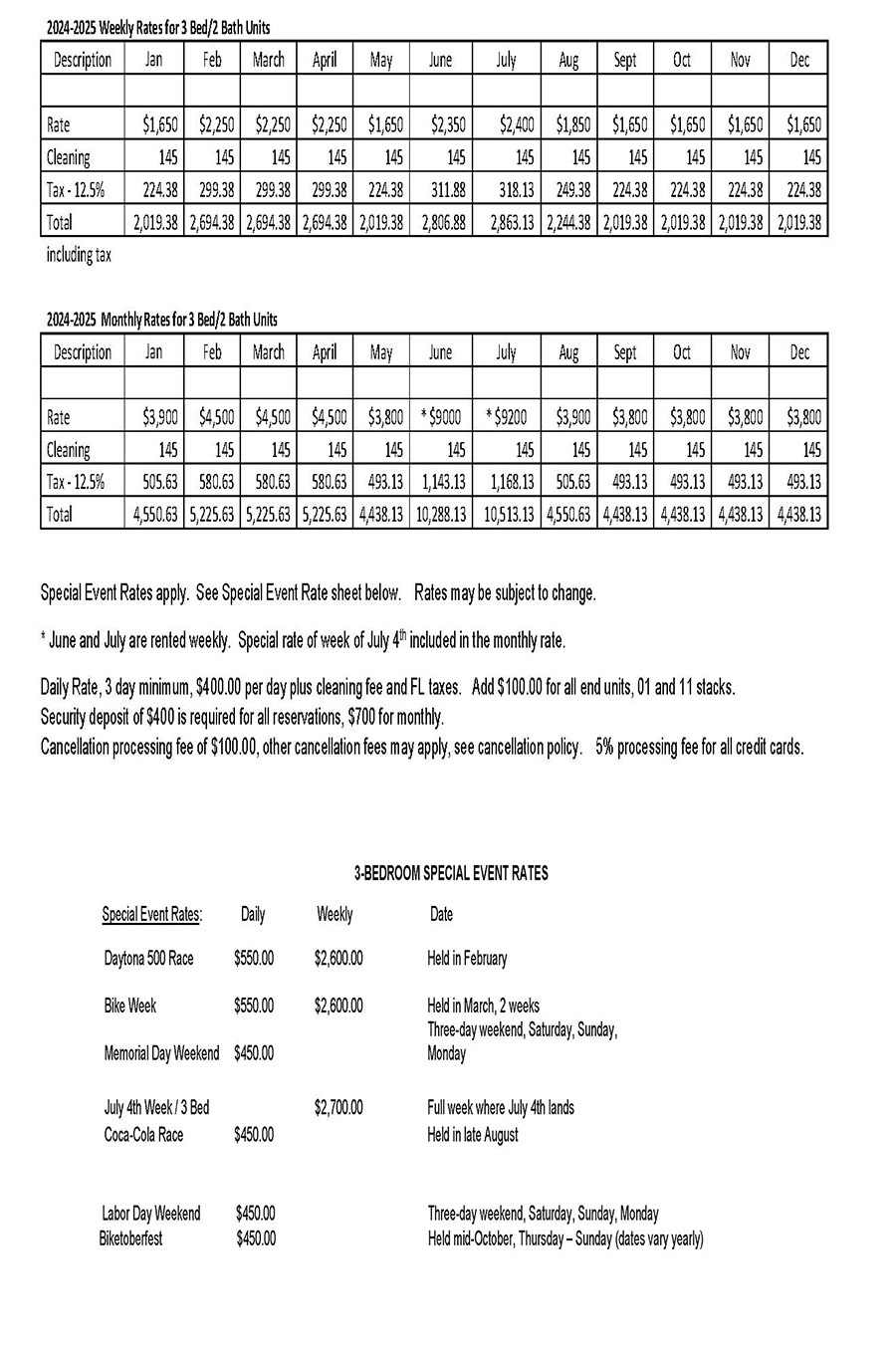 Weekly Rates for 3 Bed/2 Bath Units