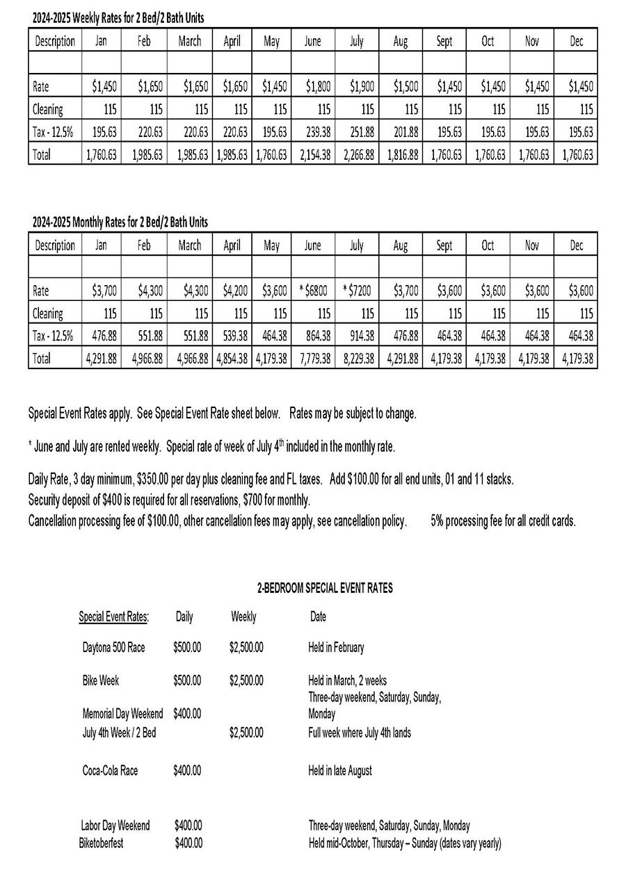 Weekly Rates for 2 Bed/2 Bath Units